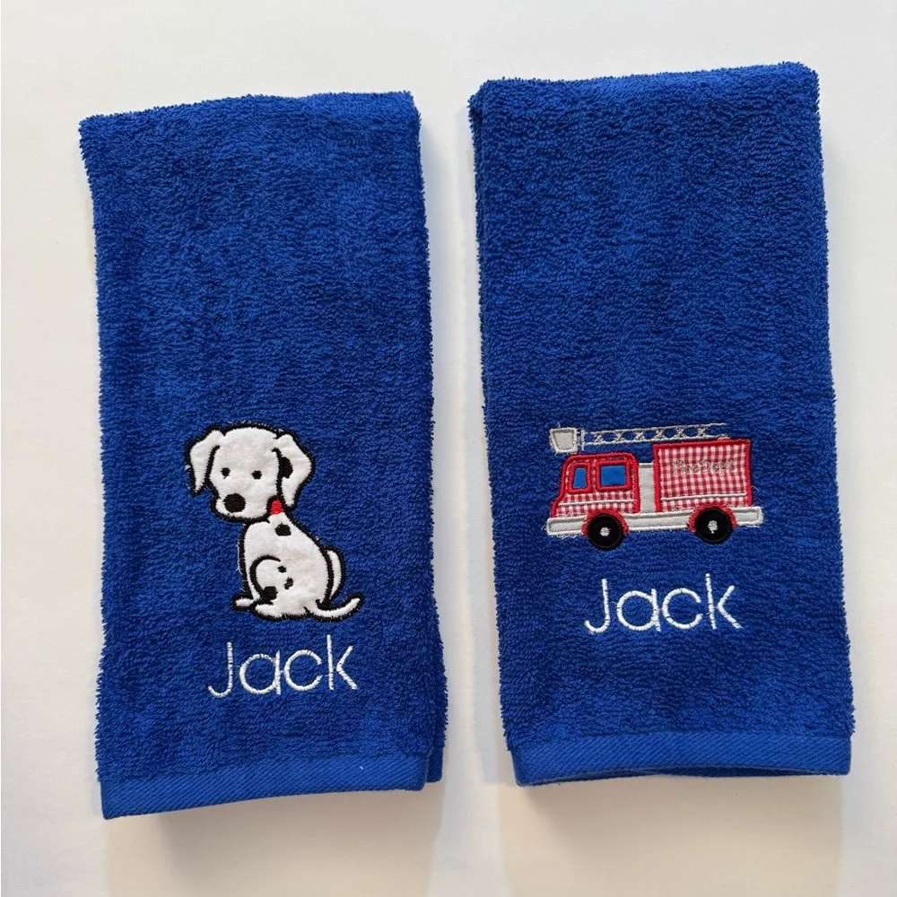 Personalized Blue Kids Hand Towel Set with Embroidered Firetruck and Dalmation